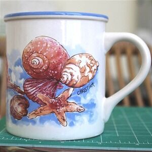 Potpourri Press Seashore Shells Mug White Blue Good Vintage 1991 Coastal Kitsch